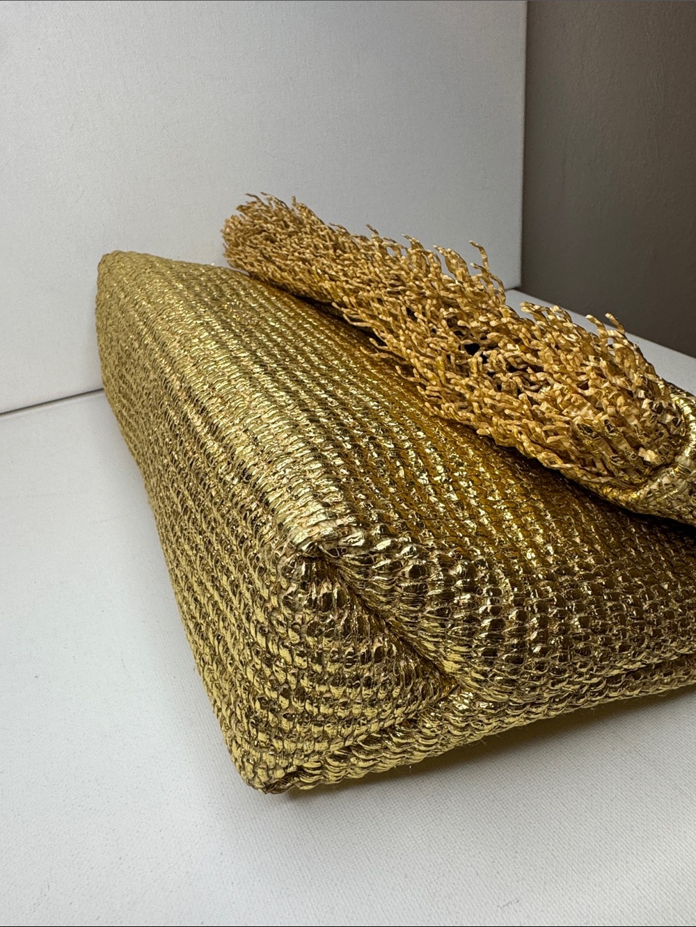 Cult Gaia Gold Metallic Raffia Shanti Fringe Clutch Bag - Picture 7 of 13